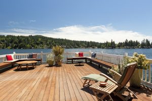 Lakeside patio on beautiful summer day.